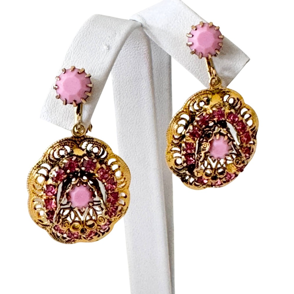 Vintage Pink Rhinestone Filigree Dangling Statement‎ Earrings Victorian Revival
